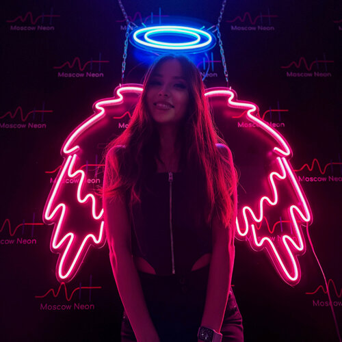 Изображение товара Неоновая светодиодная вывеска на стену / "Ангел" для фотозоны, 2 крыла у с размерами 33х72 см. каждое и нимб 33х13 см.