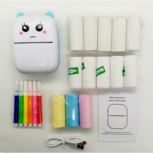 Портативный мини-принтер Котенок голубой бумага и маркеры в комплекте 2499₽