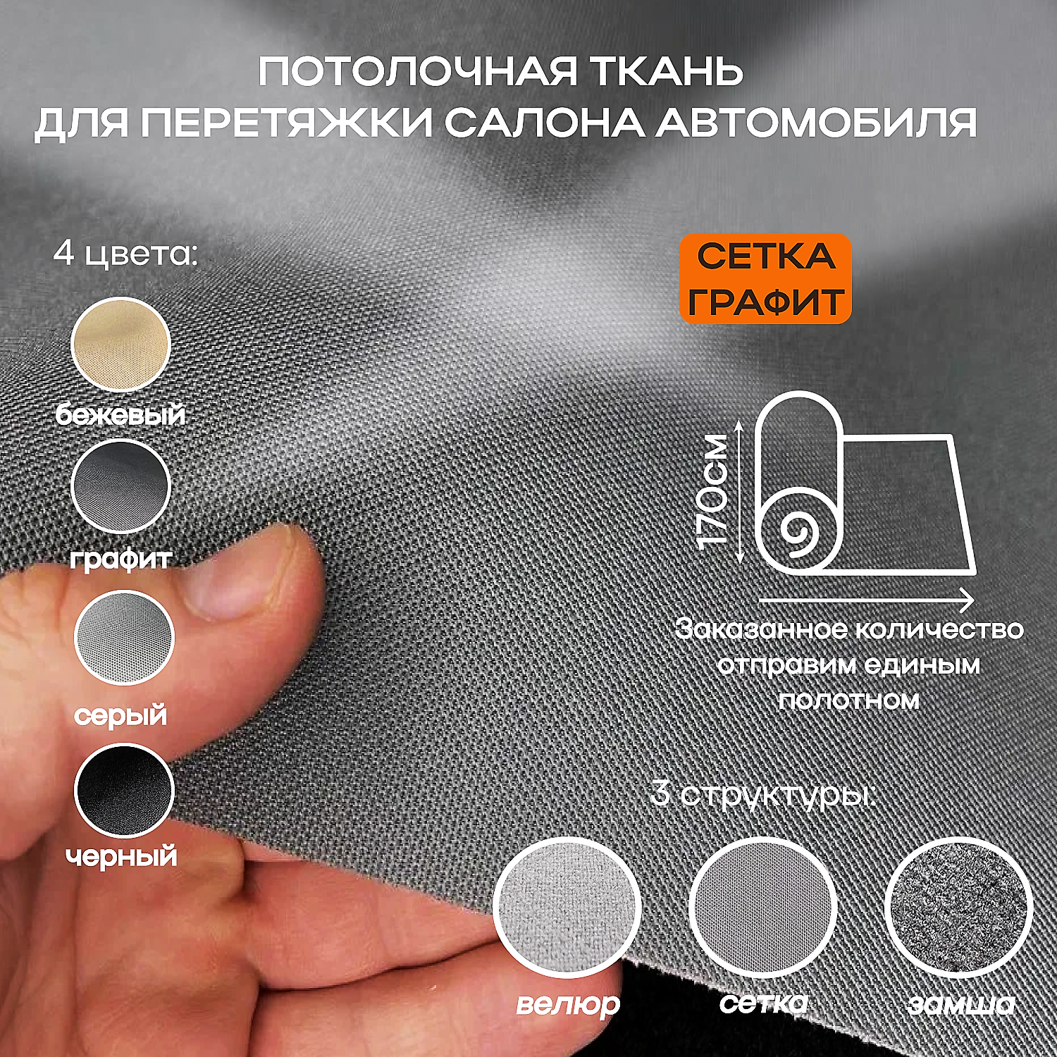 Потолочная ткань для Автомобиля Сетка Графит на поролоне 4мм - 5пог.м х 1700мм - Автоткань - обивочный материал для перетяжки салона