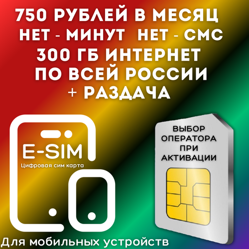 Цифровая сим-карта для мобильных устройств E-sim безлимитный интернет 300 Гб 750р в месяц