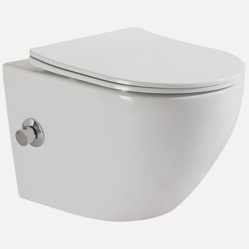 Изображение товара Унитаз подвесной BelBagno Uno BB3105CHR-BS+BB3105SC безободковый с функцией биде и смесителем