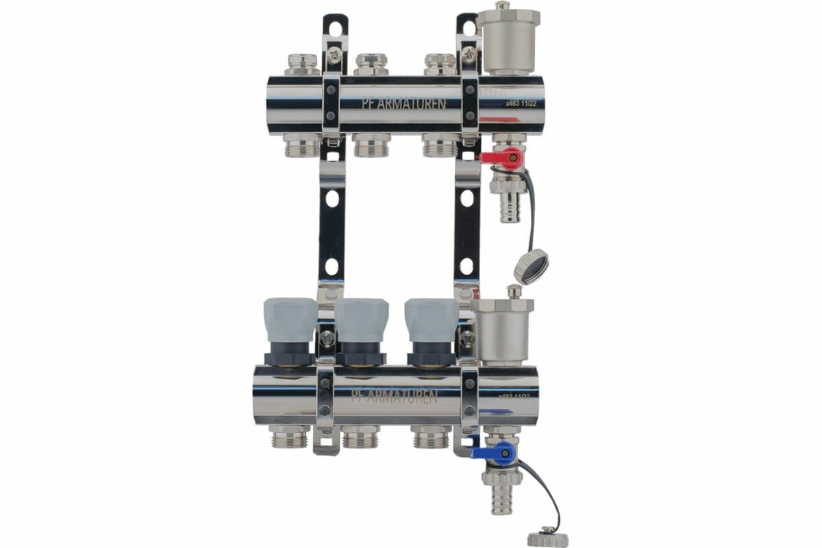 Коллекторная группа из латуни с настроечными и термостатическими клапанами, дренажными кранами и воздухоотводчиками 1" x 3/4"M (3) Profactor PF MB 804.3