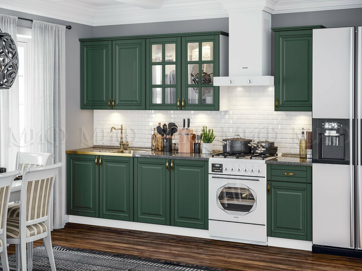 Кухня 2м прямая Миф Престиж 20/900мм Компоновка №3 с высокими шкафами Браш Мени Грин/ Кастилло