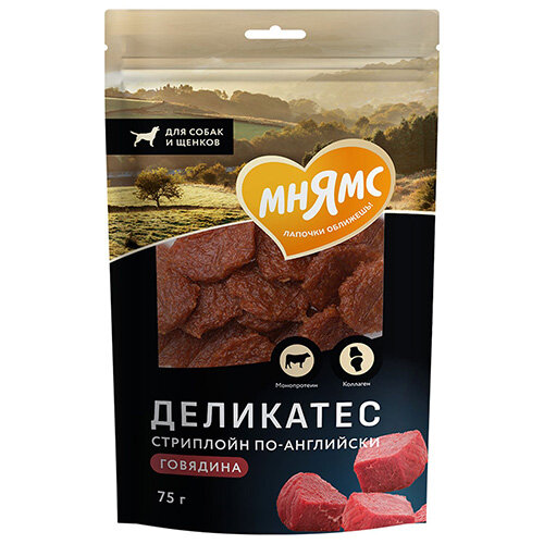 Набор лакомств для собак Мнямс Delicatesse: стейк по-скандинавски + стриплойн по-английски + филе миньон по-фламандски, 75 г х 3 шт — фото 1