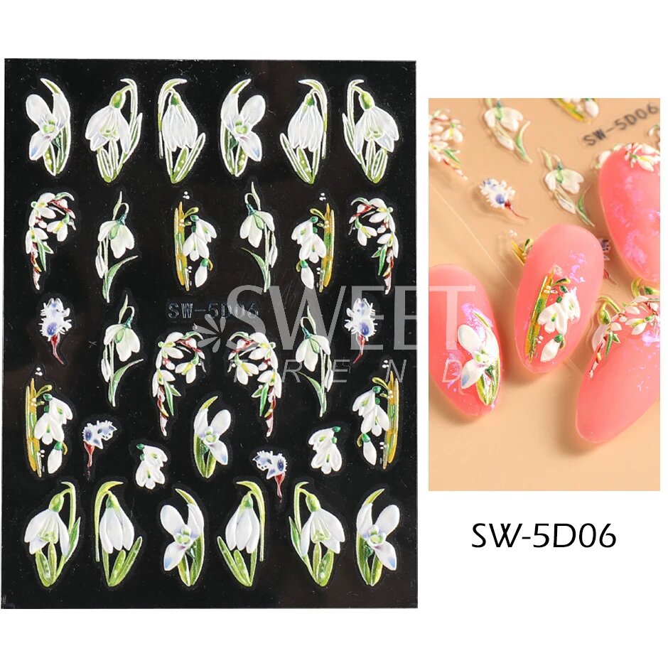 5D тисненые наклейки для дизайна ногтей SWEET TREND белые цветочные, SW-5D06