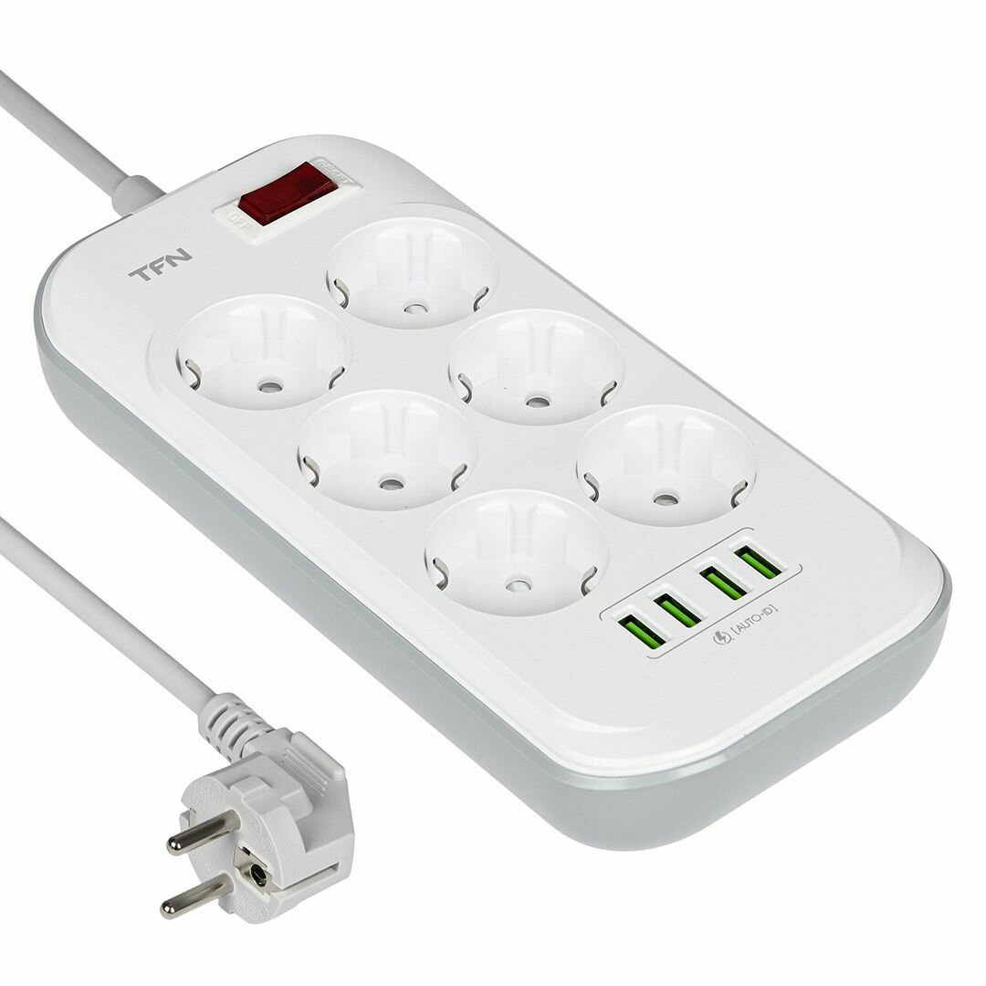 Сетевой фильтр TFN POWER 3 TFN-POWER3WH, 6 розеток с крышками, USB-порты, длина кабеля 2м, белый