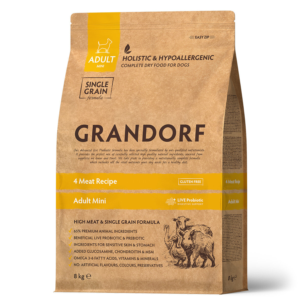 Корм Grandorf, для взрослых собак, мелких пород, 4 вида мяса, 8кг
