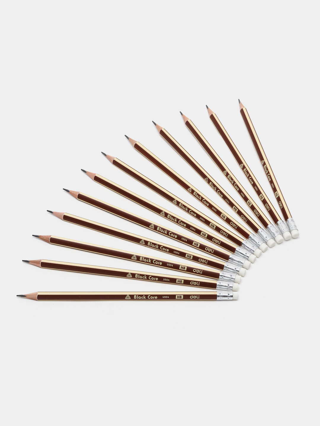 Набор черных карандашей, Deli в упаковке 12 шт, HB U504 с ластиками — фото 1