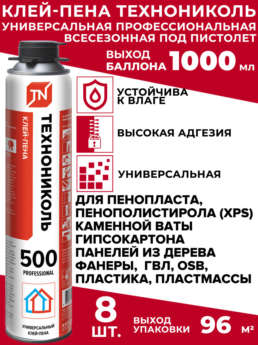 Клей-пена, технониколь PRO 500, 1000мл, универсальная, 8 шт.