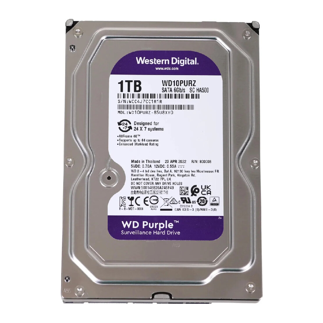 Жесткий диск Western Digital WD WD10PURZ, 1 ТБ, SATA III 6 Гбит/с, 5400 об/мин, фиолетовый