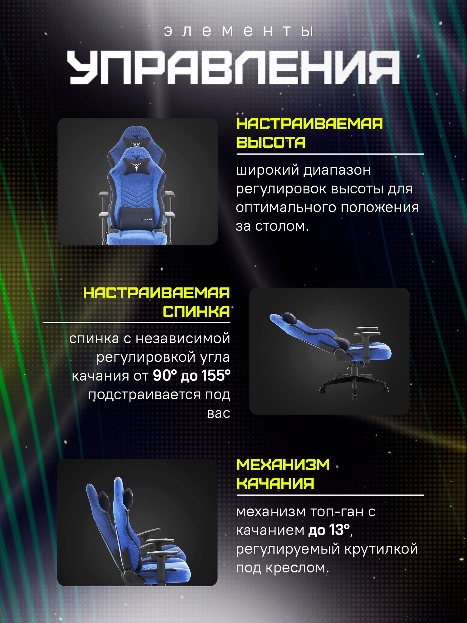 Игровое кресло компьютерное ZONE 51 BASTION Blue, синий, текстиль — фото 1