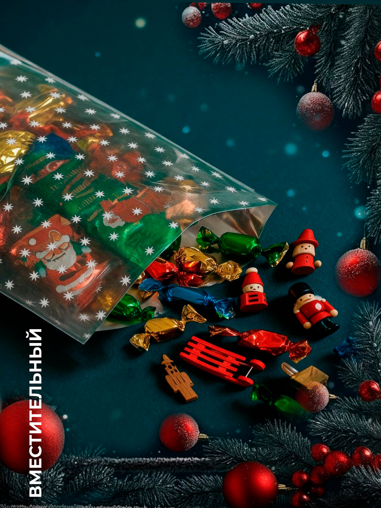 Подарочный пакет PackGift "Снежинка" для новогодних подарков, 25 см x 40 см, 100 штук — фото 1