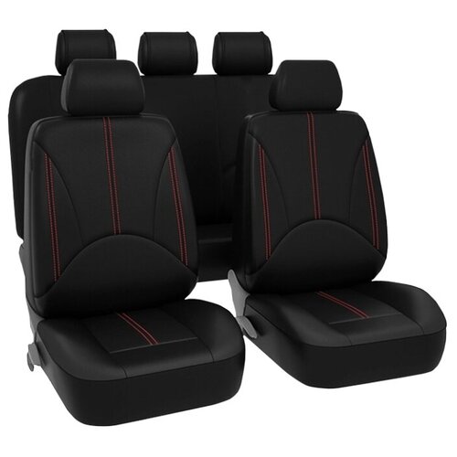фото Чехлы универсальные на автомобильные сиденья,комплект "elite", экокожа, черные/красная строчка kraft