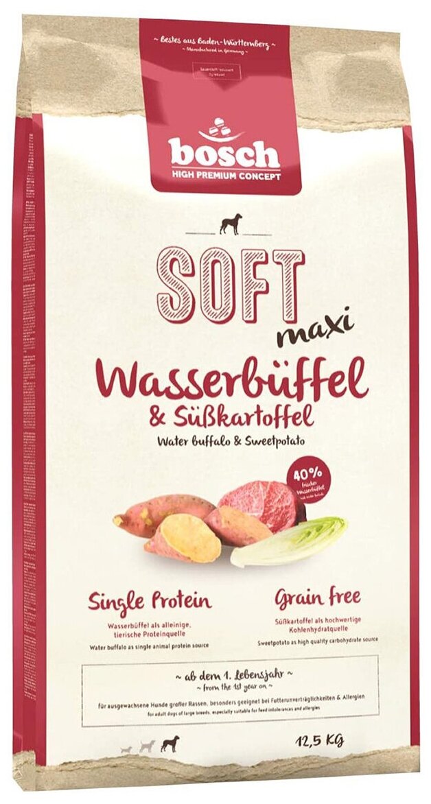 Bosch Soft Maxi Buffalo&Sweetpotato Полувлажный корм для собак крупных пород Буйвол и Батат 12.5кг