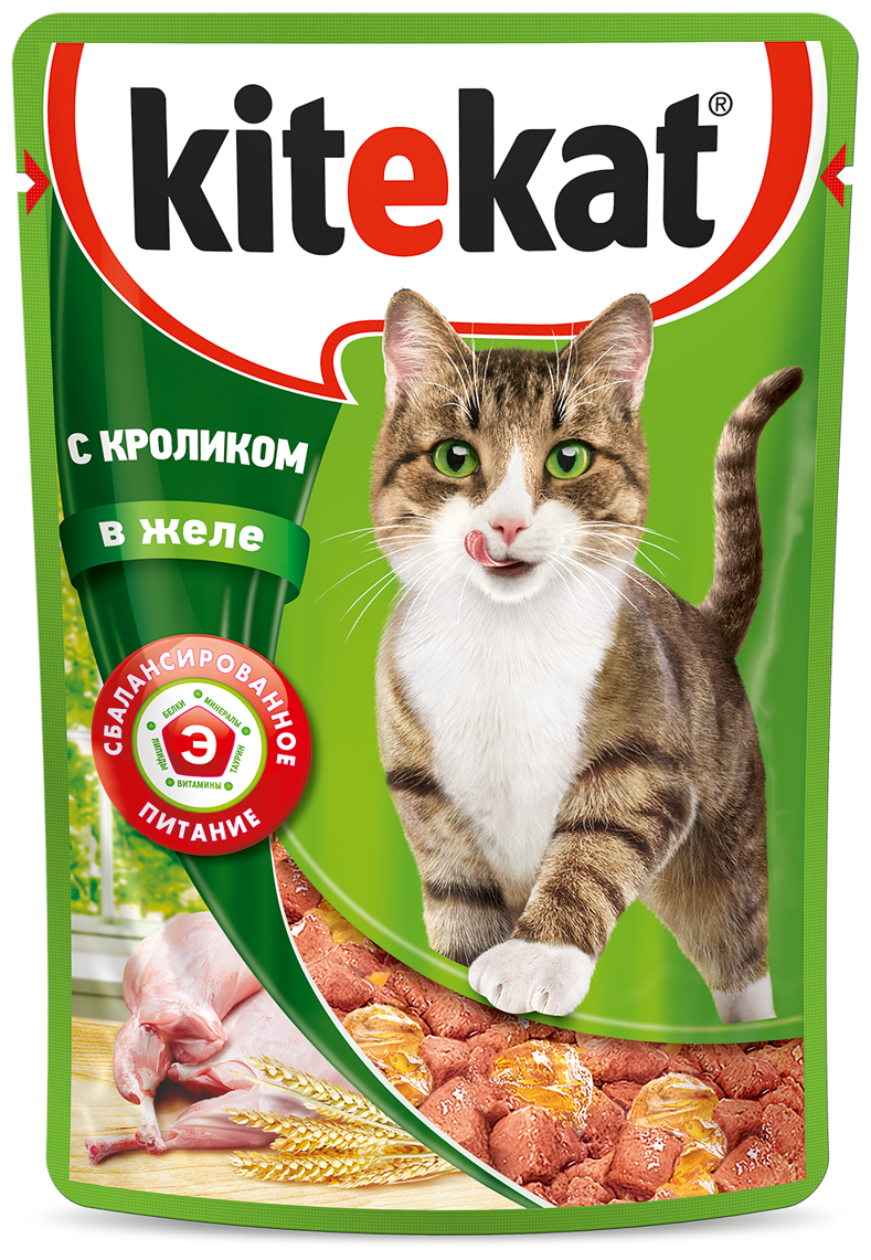 Корм консервированный полнорационный Kitekat для взрослых кошек со вкусом кролика в желе 85г, 24 шт - фотография № 5