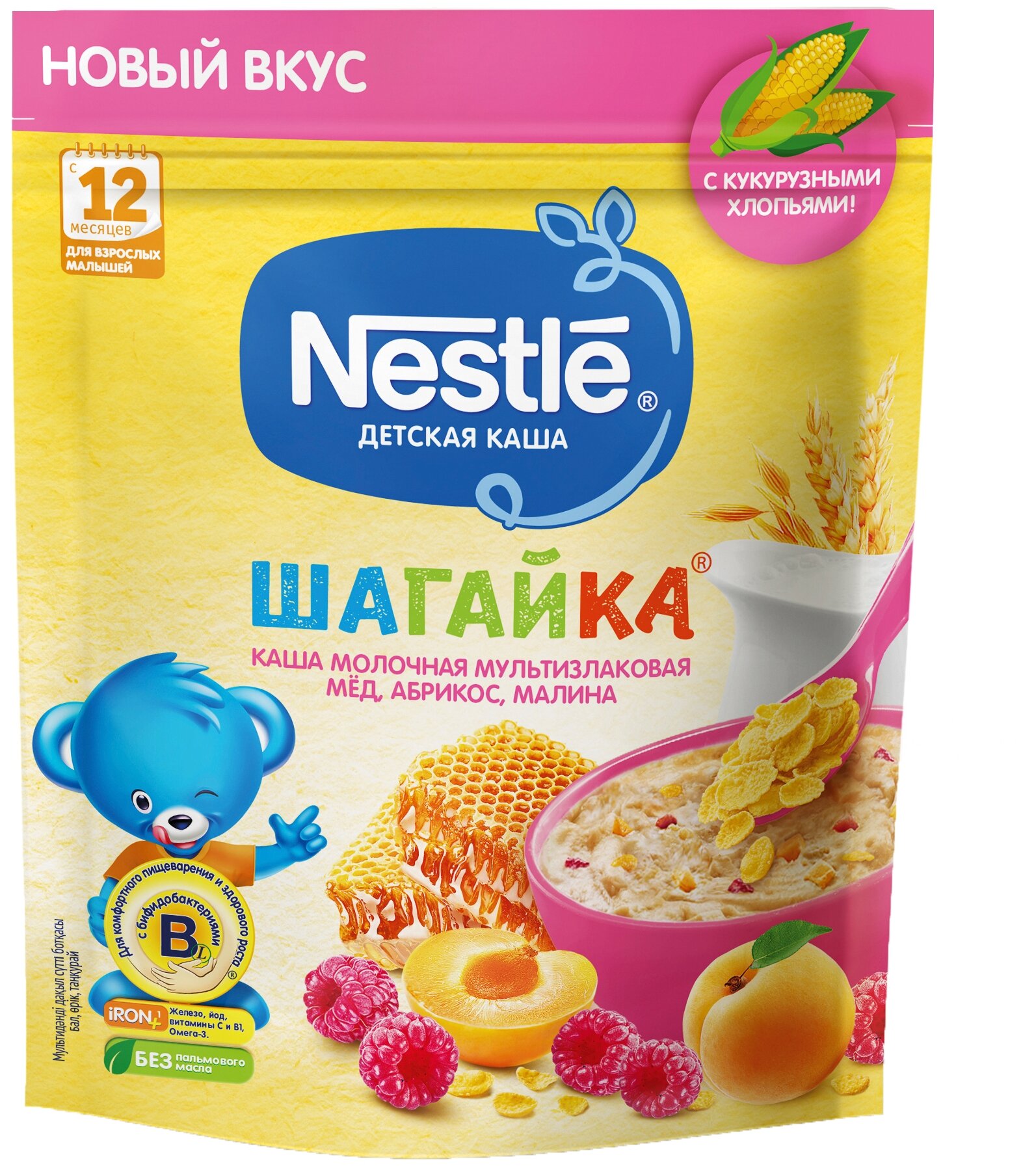 Каша молочная мультизлаковая, мёд, абрикос, малина Nestlé шагайка с 12 мес 190г