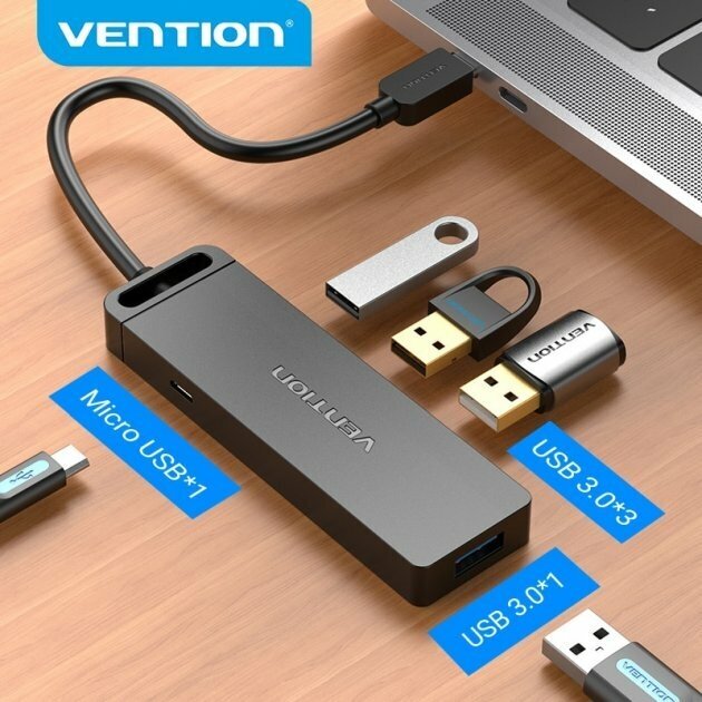 Порт-репликатор Vention Type-C to 4-Port USB 3.0 Hub with Power Supply Black 0.15M ABS Type (TGKBB) - фото №4