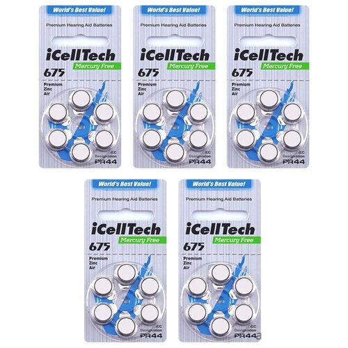 Батарейки iCellTech 675 для слухового аппарата, 5 блистеров (30 батареек)