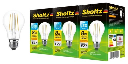 Комплект из 3 светодиодных энергосберегающих филаментных ламп Sholtz груша A60 8Вт E27 2700К 220В стекло (Шольц) FOB5106T