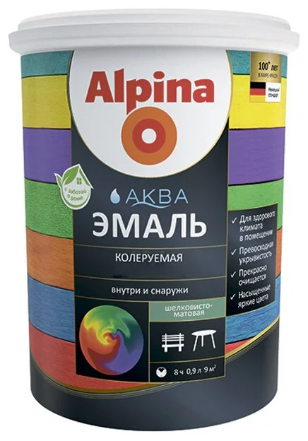 Эмаль акриловая (АК) Alpina Аква Эмаль шелковисто-матовая База 1, полуматовая, белый, 0.9 л