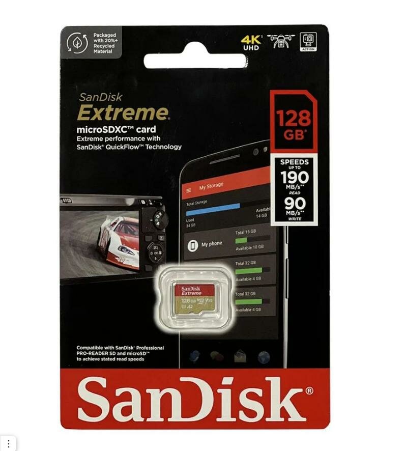 Карта памяти microSDXC SanDisk 128Gb Extreme U3 V30 A2 190/90Mb/s SDSQXAA-128G-GN6MN, 1шт.