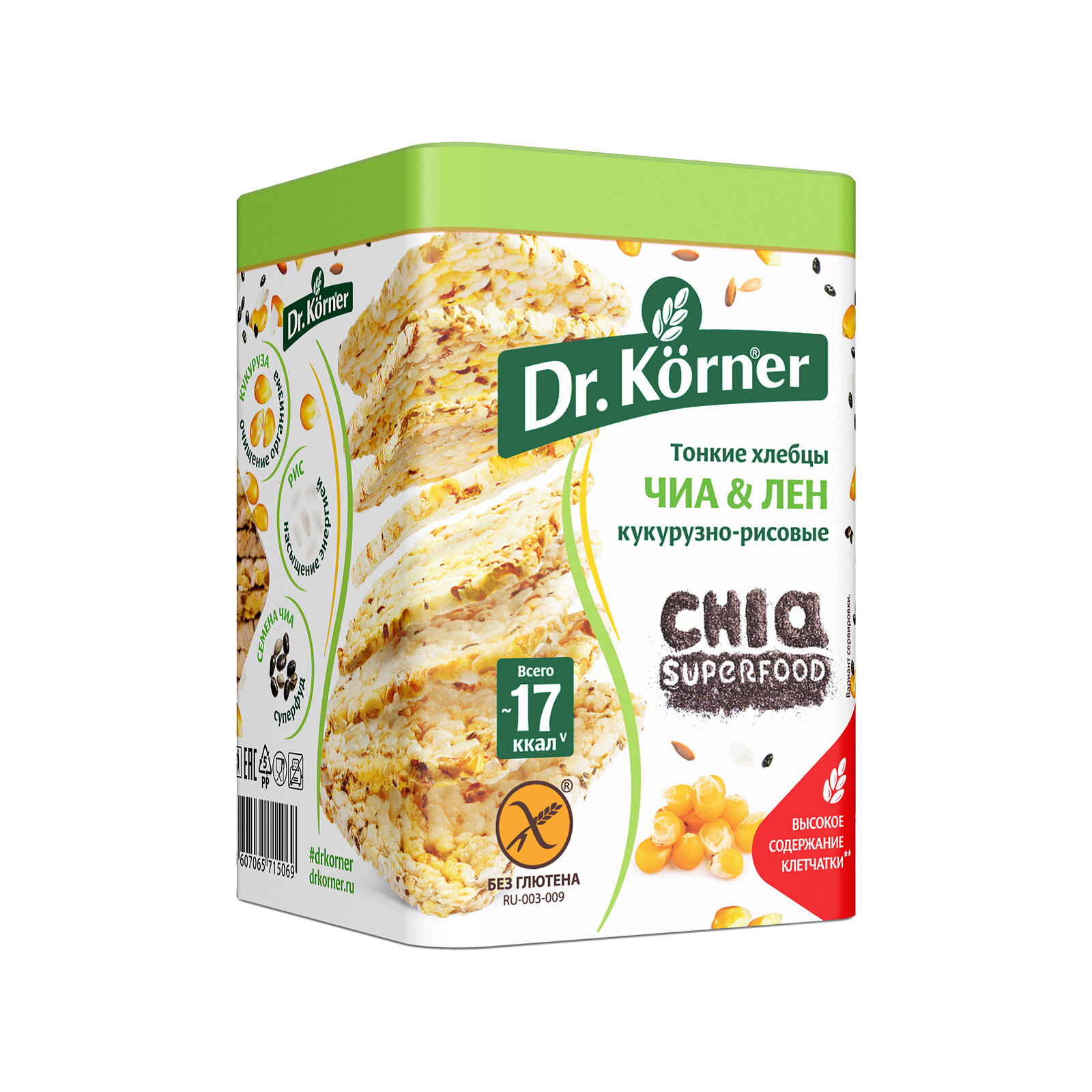 Хлебцы Dr.Korner кукурузно-рисовые с чиа и льном, 3 упаковки по 100г.