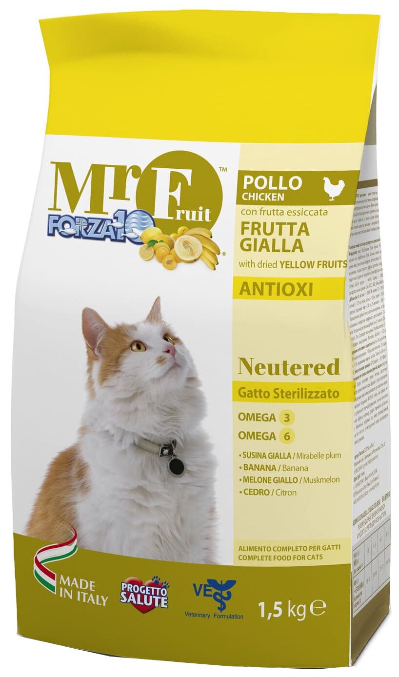 FORZA10 CAT MR.FRUIT NEUTERED для взрослых кастрированных котов и стерилизованных кошек живущих дома с курицей (1,5 кг)