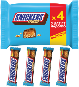 Батончик Snickers Криспер с карамелью, арахисом и хрустящими рисовыми шариками, 40 г, 4 шт.