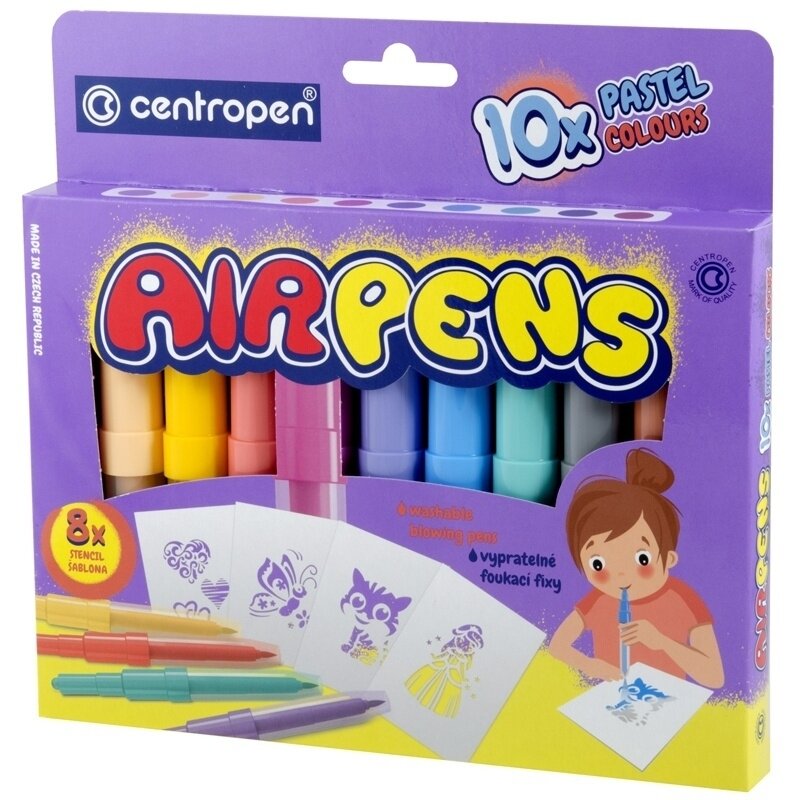 Фломастеры воздушные Centropen AirPens Pastel, 10 цветов, 8 трафаретов, картонная упаковка 615001000