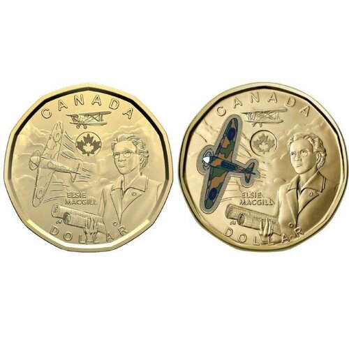 Набор из 2-х монет (обычная + цветная) 1 доллар Элси Макгилл. Канада 2023 UNC