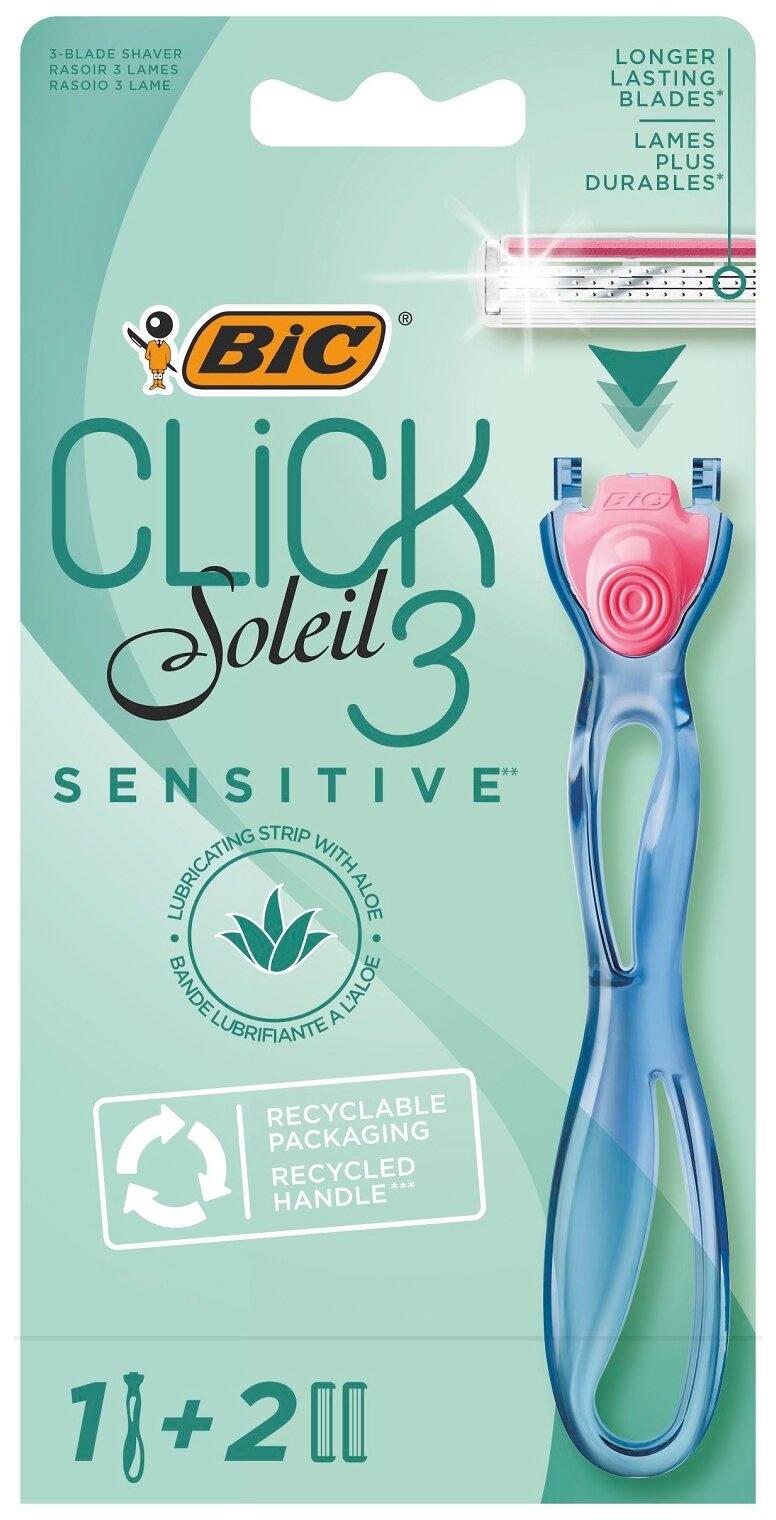 Бритва женская BIC, 3 подвижных лезвия, BIC Click 3 Soleil Sensitive, 1 ручка и 2 сменные кассеты