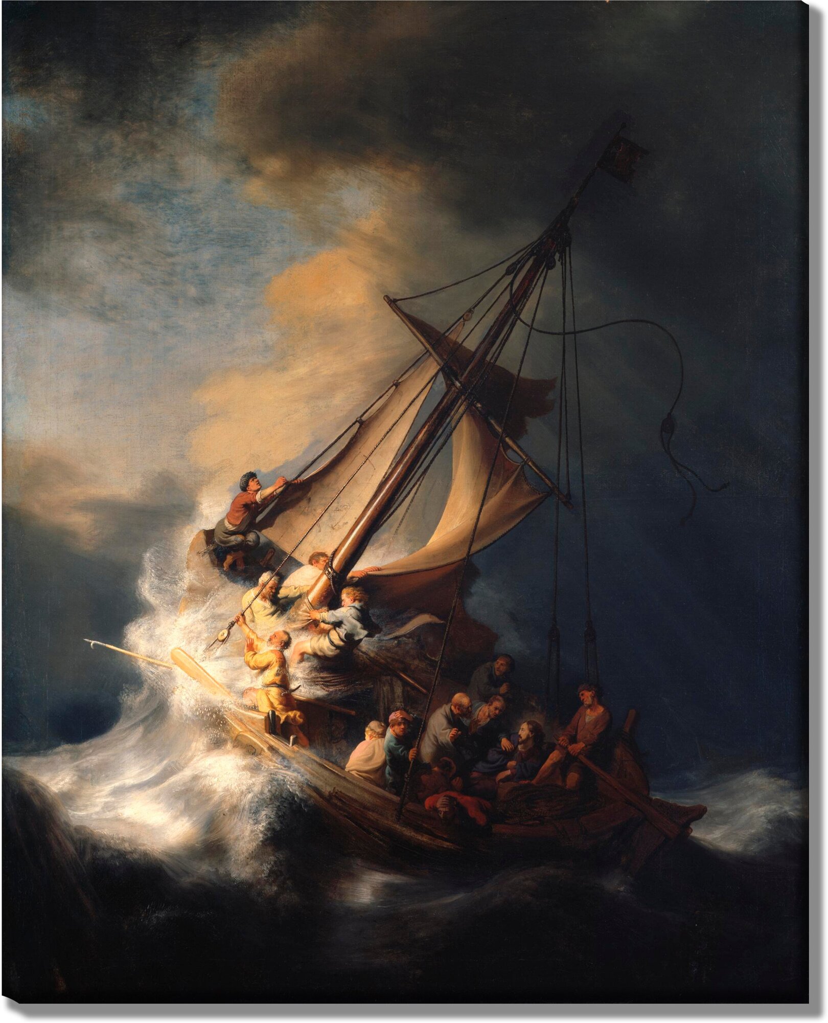 Картина для интерьера на холсте "Христос во время шторма на море Галилейском" Рембрандт Харменс ван Рейн 64х80, холст без подрамника
