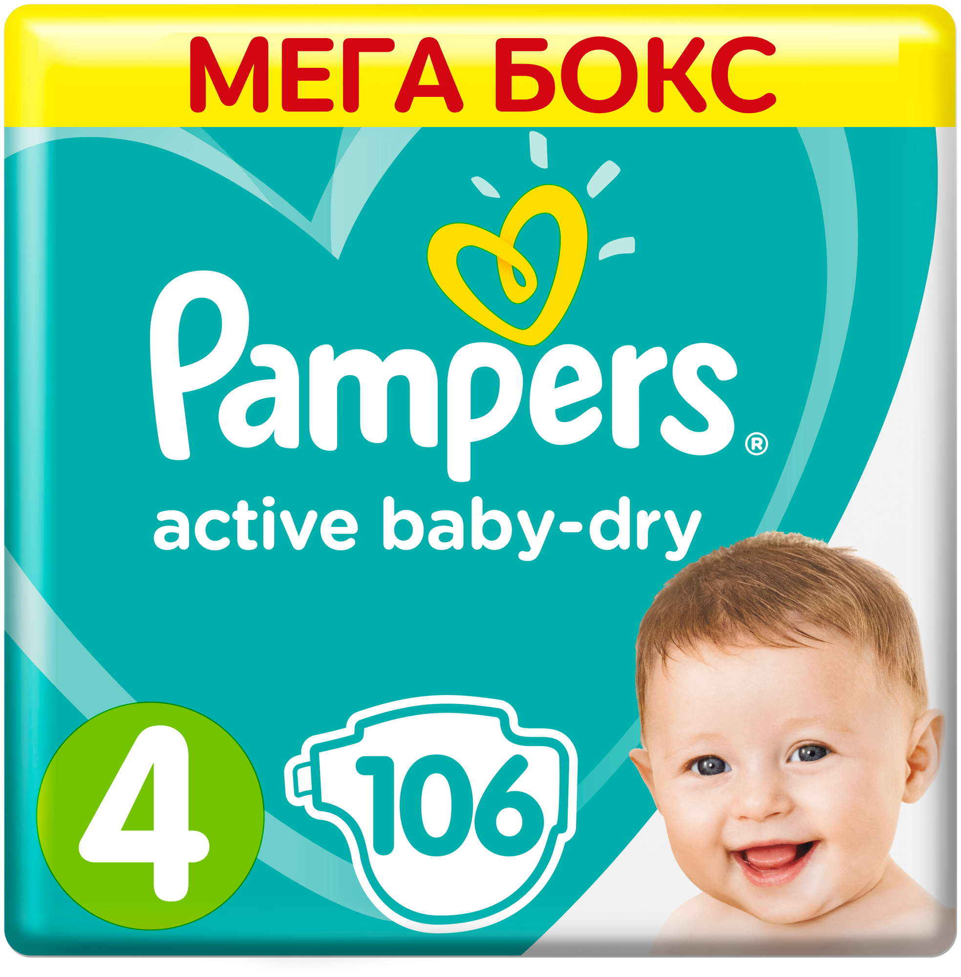 Подгузники Pampers Active Baby-Dry 9–14 кг, размер 4, 106шт.