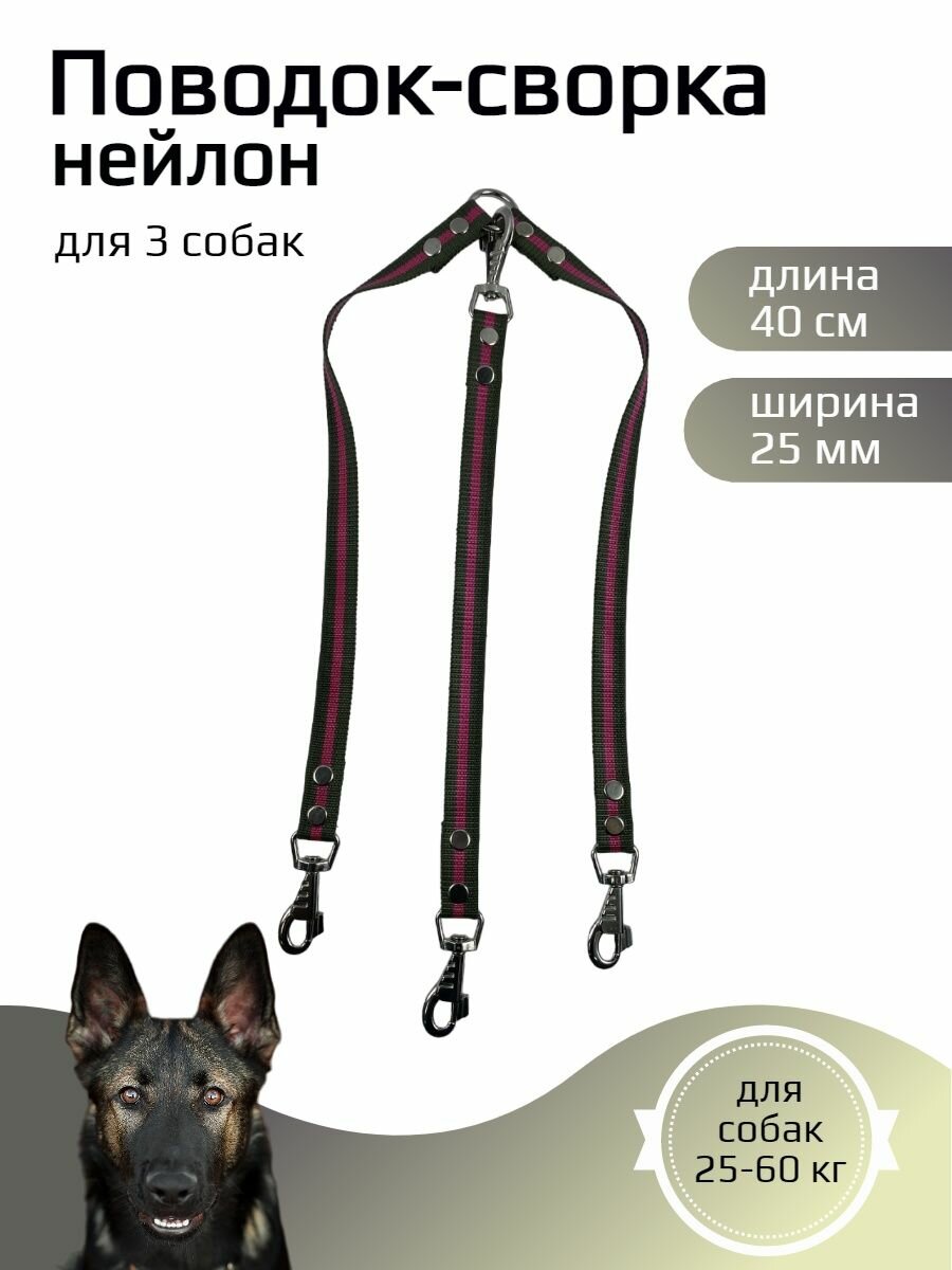 Сворка для трех собак нейлон 25 мм (зелено-красный)