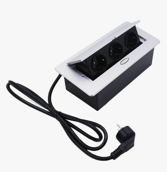 фото Розетка горизонтальная выдвижная 3EU, цвет белый и кабель для подключения розетки