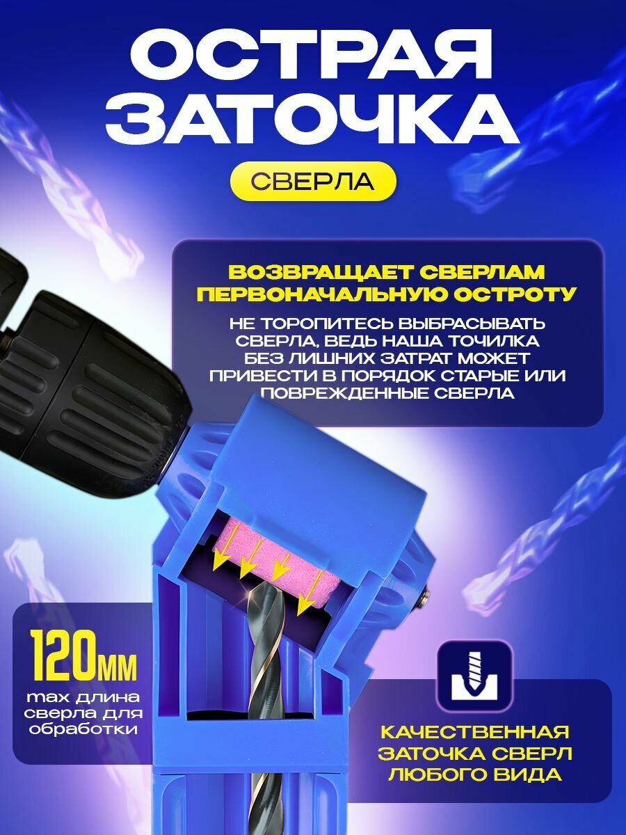 Точилка для сверла по металлу, насадка инструмент на дрель, на шуруповерт, заточка для сверл с запасными камнями — фото 1