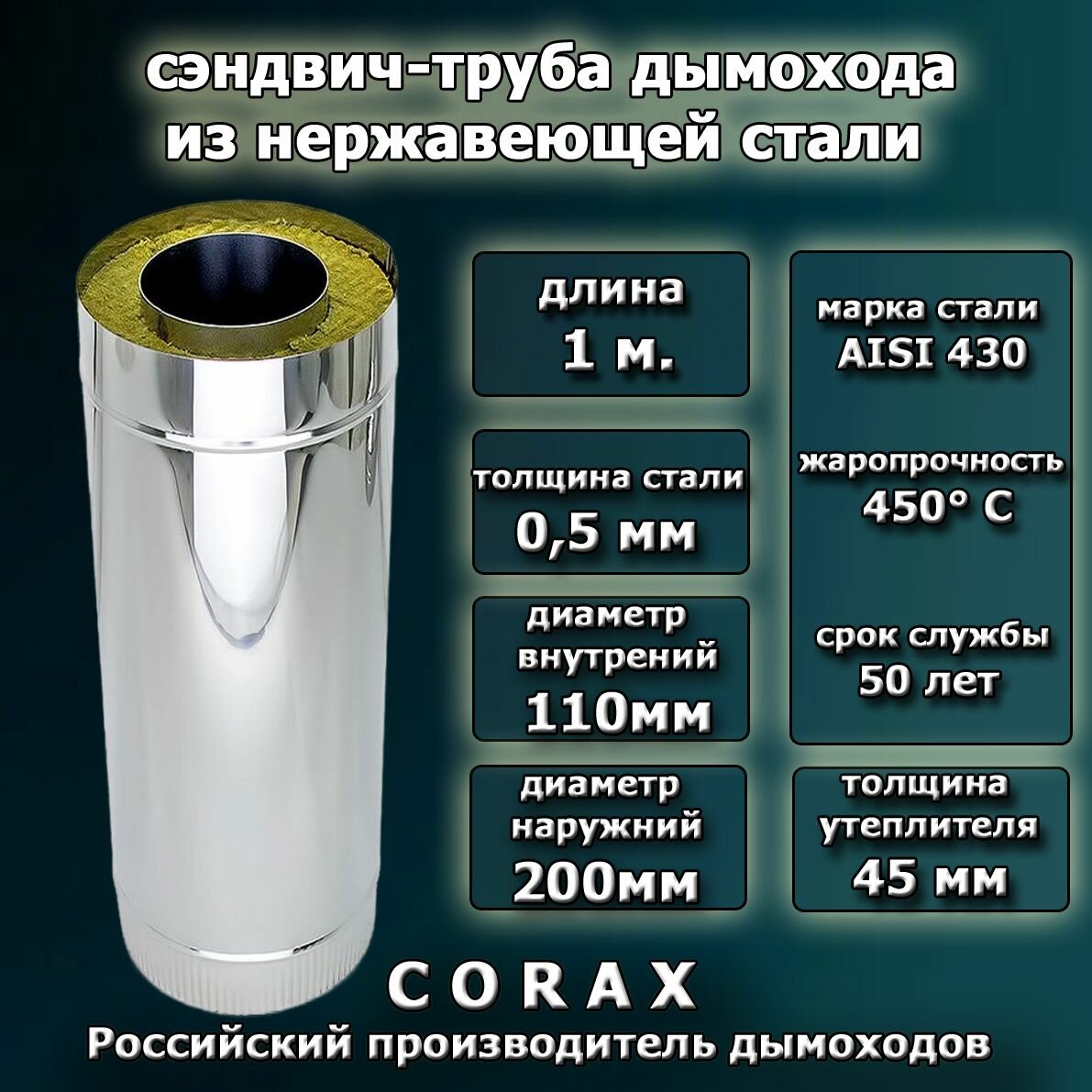 Сэндвич-труба D110х200мм - 1 м. (430/05 мм.)