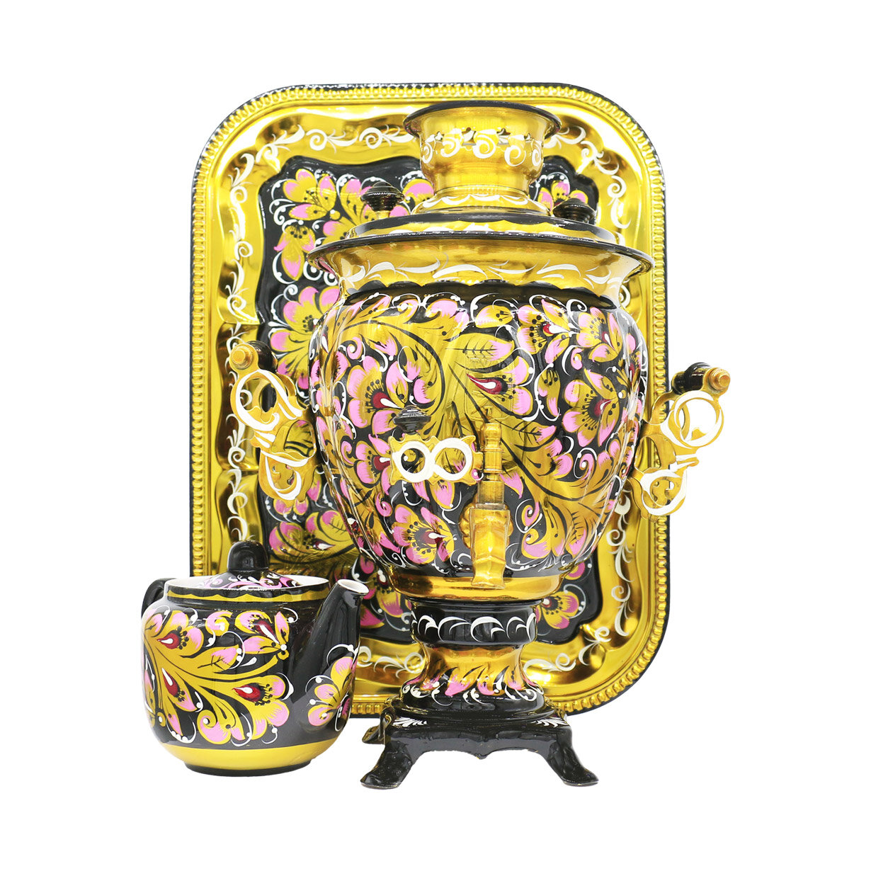 Самовар электрический 3 л Кудрина черная с розовым в наборе