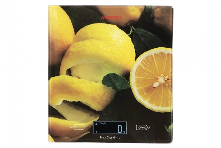 Весы кухонные Ardesto scales for kitchen Lemon 5кг, AAAx2 included, glass, colorful, SCK-893LEMON