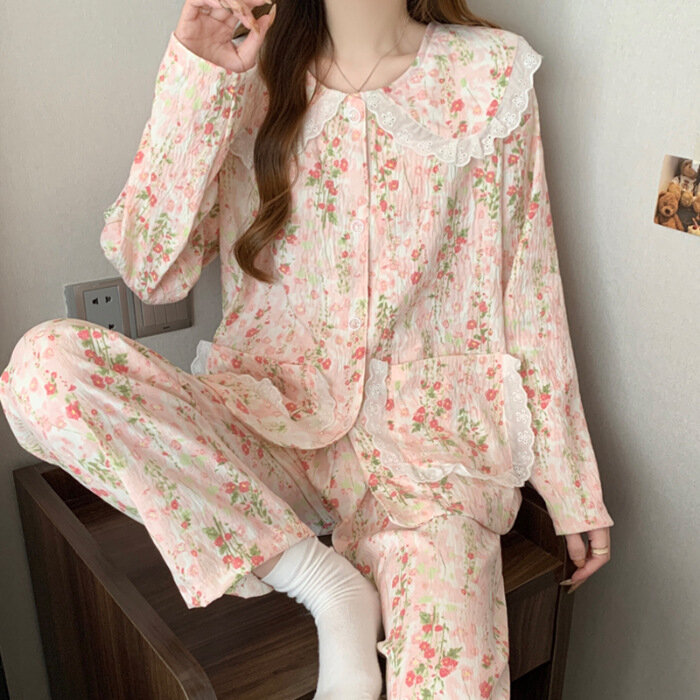 Весна и осень, новый стиль, хлопковая пижама в облаке, женская, милая, в стиле «лес», повседневная, с кукольным воротником, домашняя одежда, комплект из двух предметов, размер:2XL