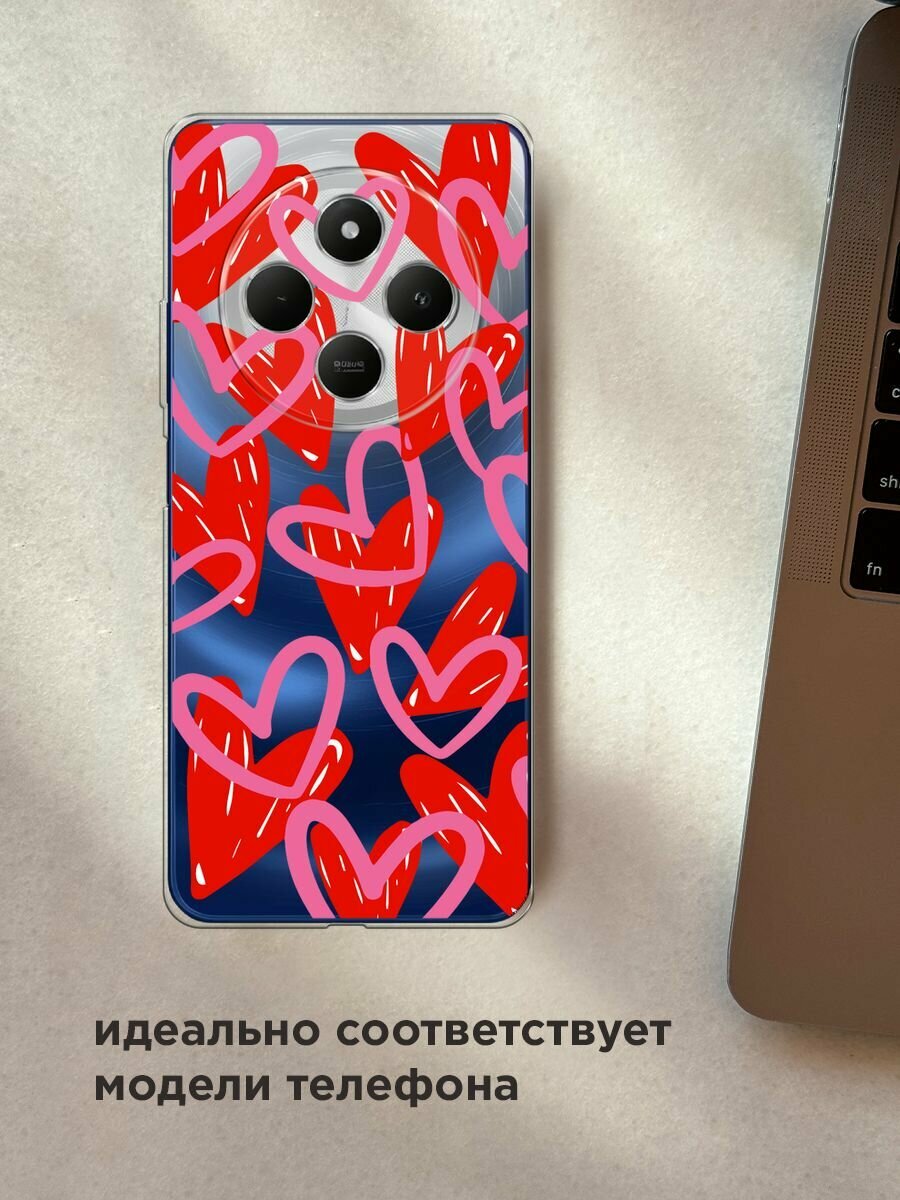 Чехол на Xiaomi Redmi 14C/Poco C75 4G/Redmi A4 5G/Poco M7 5G с принтом "Hearts doodles - 14 февраля", прозрачный — фото 1