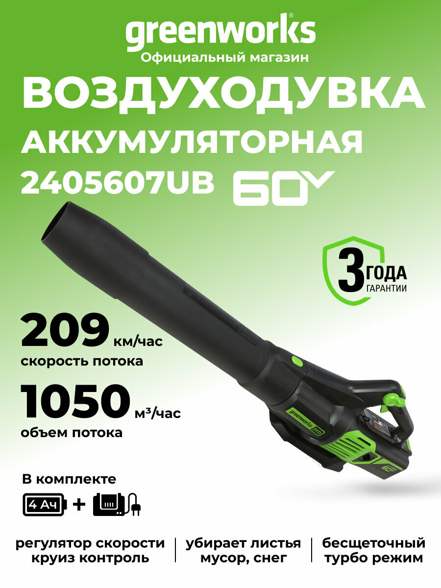 Воздуходувка садовая аккумуляторная Greenworks 60V, АКБ 4 Ач и ЗУ