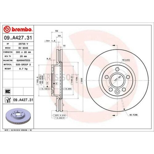 BREMBO 09. A427.31 Диск торм. пер. вент. [300x28] 5 отв.