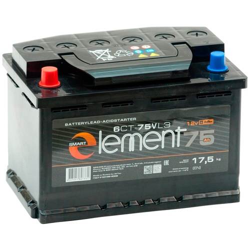 Автомобильный аккумулятор SMART ELEMENT 75L прям. пол. 580A 278x175x190