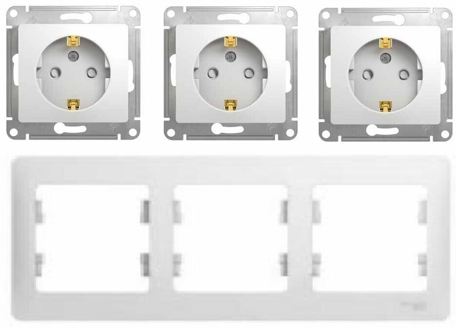 Розетка со шторками с заземляющими контактами Schneider Electric Glossa (белый) GSL000145 (3 шт.) + 3-местная рамка GSL000103