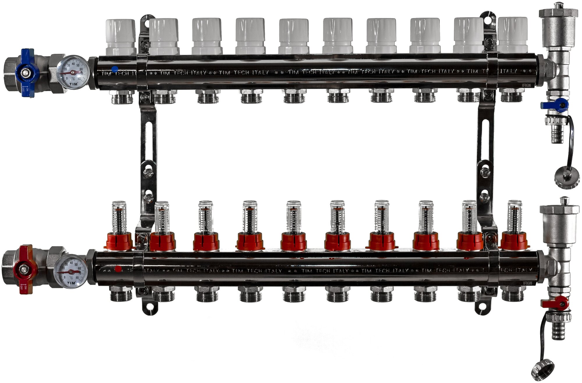Коллекторная группа Tim (KA010) 1", 10 вых, расходомер, воздухоотводчик, сливной кран, термометр