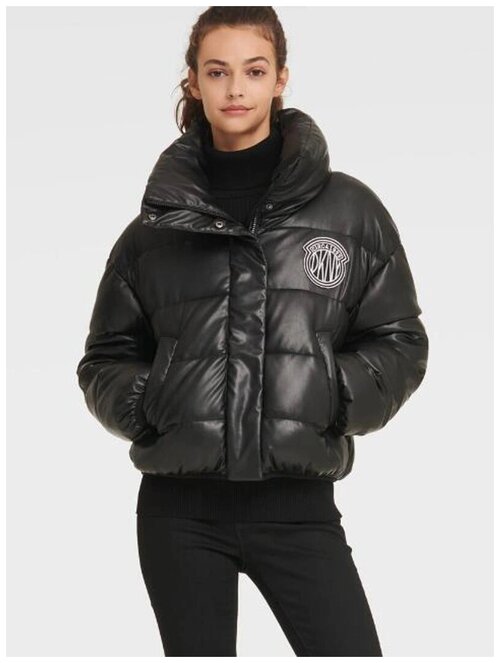 Куртка DKNY XXS черный укороченный бомбер из эко кожи с лого на груди Token Logo Black Puffer Size XXSmall
