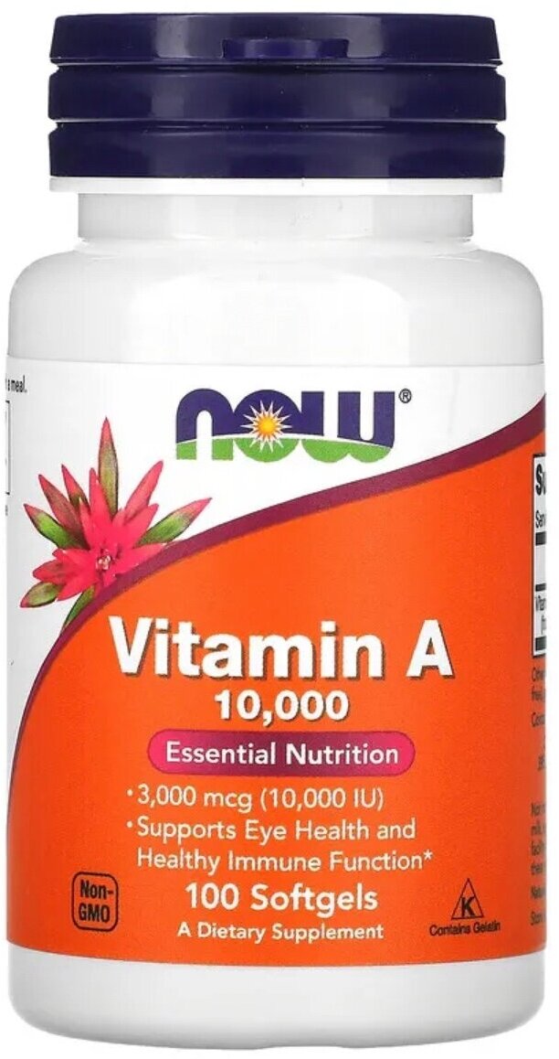 Now Foods, Vitamin A, витамин A, 10 000 МЕ, 100 мягких таблеток