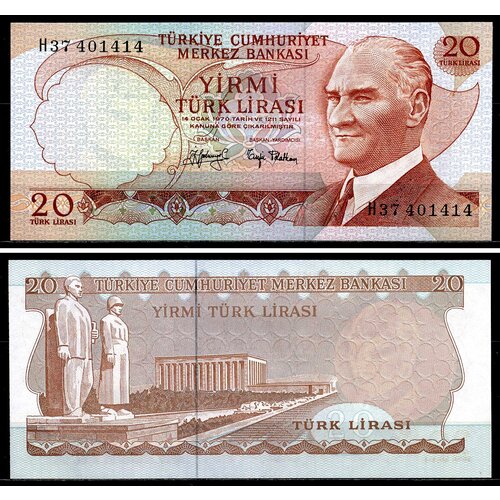 Турция 20 лир 1974 подпись чёрная Pick 187a(2) UNC банкнота номиналом 20 лир 2005 года турция