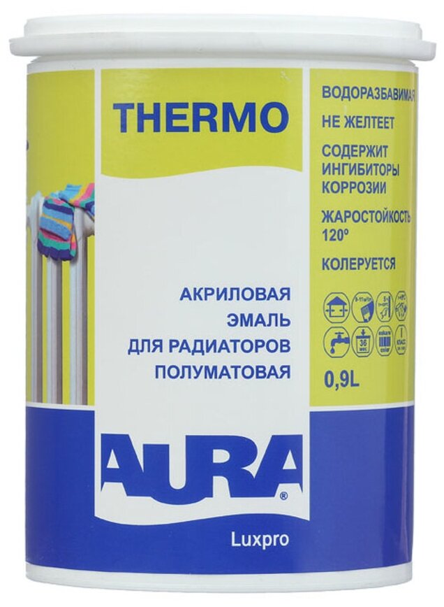 Эмаль для радиаторов Aura Luxpro Thermo база А белая полуматовая акриловая 09 л